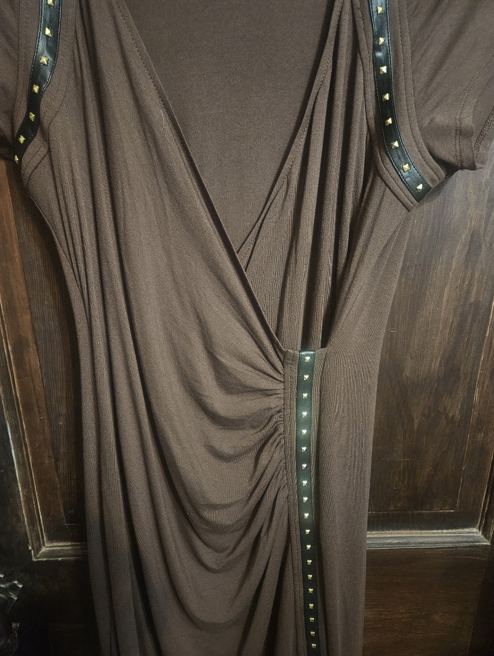 HIPPEST DRESS EVER! CLASSIC ROUSHING,LEATHER TRIM & GOLD STUDS.CARMEN M VALVO - Picture 4 of 8